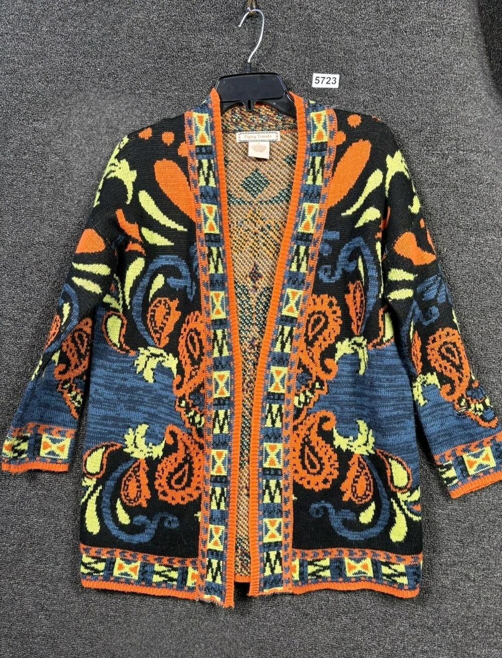 Flying Tomato Sweater Womens Small Black Orange Open Front Cardigan Paisley Boho